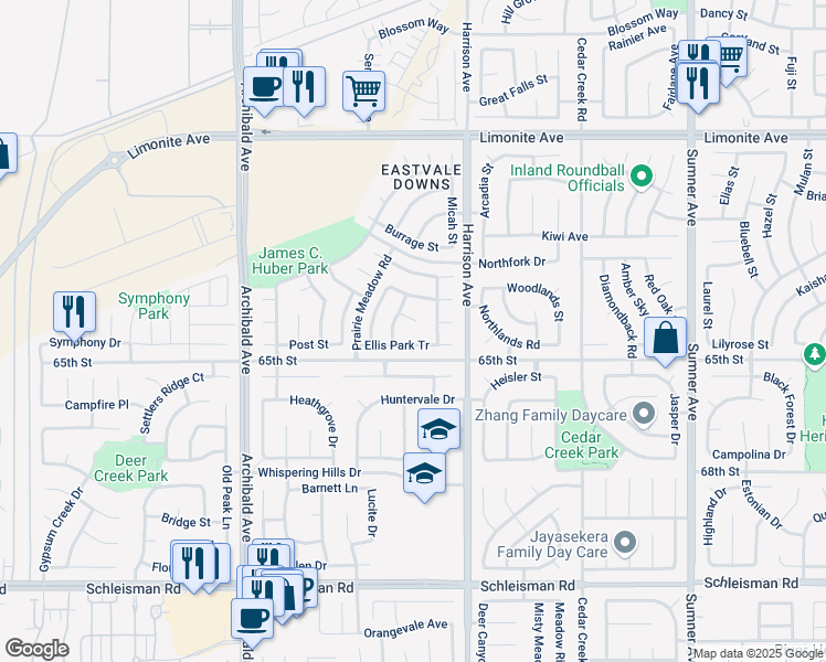 map of restaurants, bars, coffee shops, grocery stores, and more near 13889 Fair Meadows Court in Corona