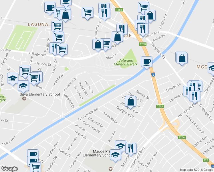 map of restaurants, bars, coffee shops, grocery stores, and more near 7322 Bairnsdale Street in Downey