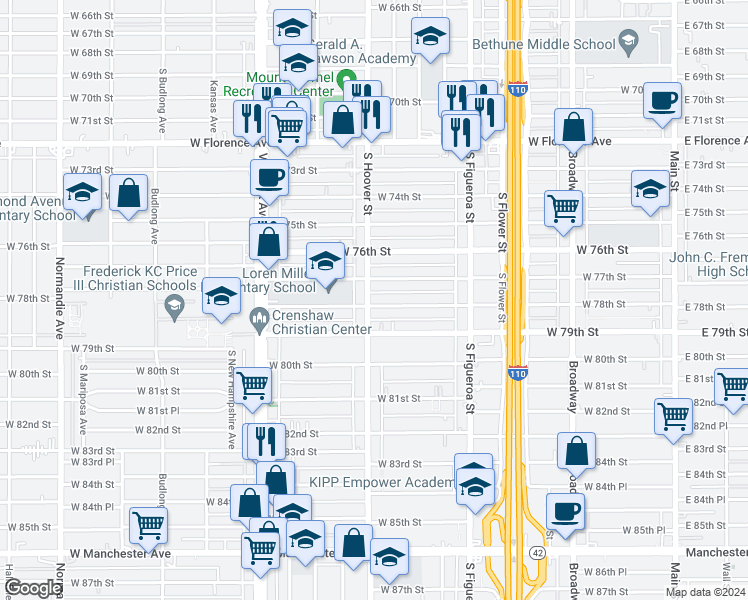 map of restaurants, bars, coffee shops, grocery stores, and more near 7718 South Hoover Street in Los Angeles