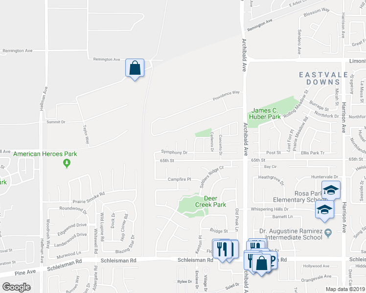map of restaurants, bars, coffee shops, grocery stores, and more near 6571 Crescendo Court in Corona