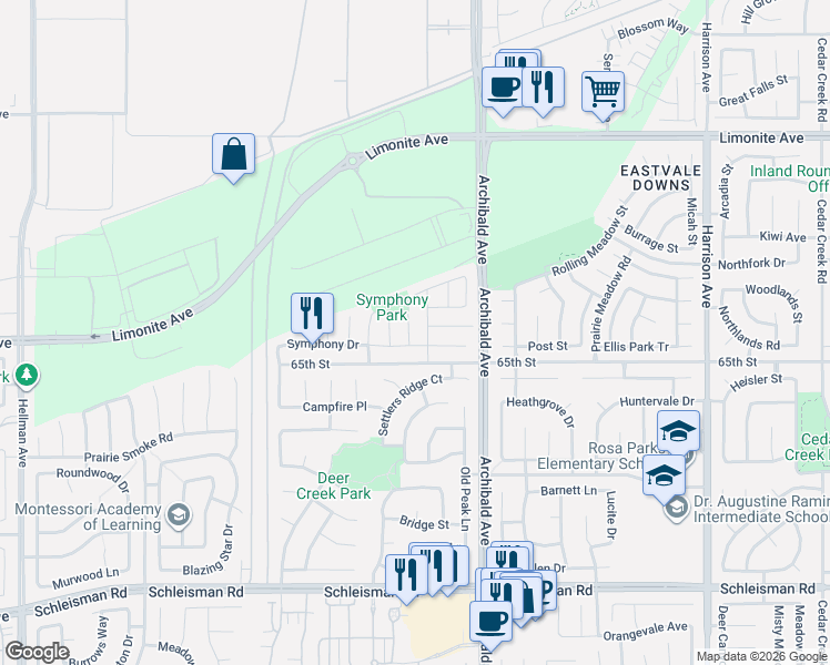 map of restaurants, bars, coffee shops, grocery stores, and more near 6572 Cadenza Drive in Corona