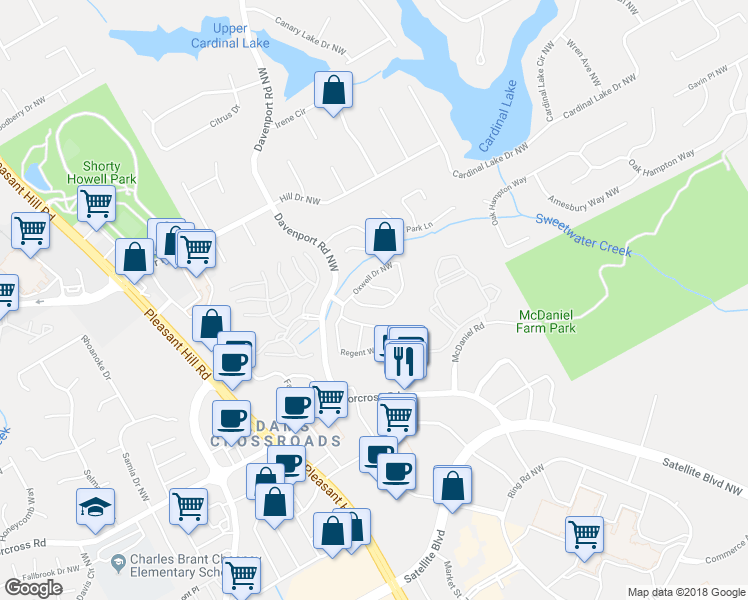 map of restaurants, bars, coffee shops, grocery stores, and more near 3020 Oxwell Drive Northwest in Duluth