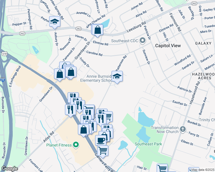 map of restaurants, bars, coffee shops, grocery stores, and more near 7301 Patterson Road in Columbia