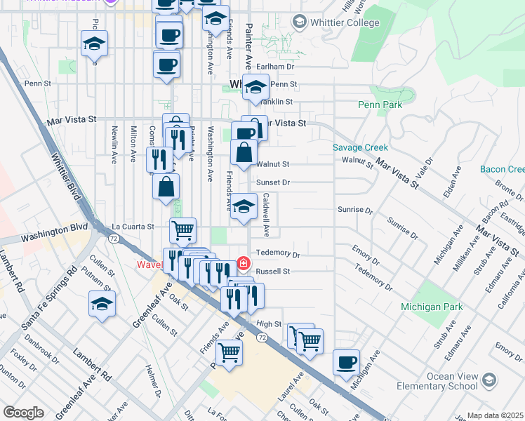 map of restaurants, bars, coffee shops, grocery stores, and more near 7931 Caldwell Avenue in Whittier
