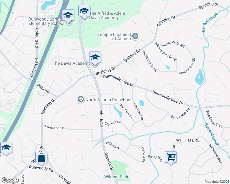 map of restaurants, bars, coffee shops, grocery stores, and more near 1261 Manor Oaks Ct in Dunwoody