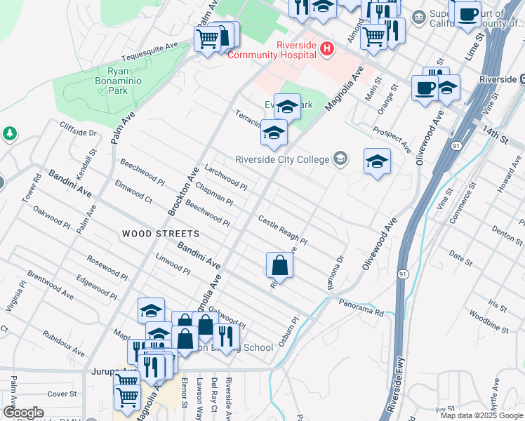 map of restaurants, bars, coffee shops, grocery stores, and more near 5062 Magnolia Avenue in Riverside