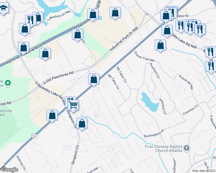 map of restaurants, bars, coffee shops, grocery stores, and more near 2967 Mount Tabor Circle in Duluth