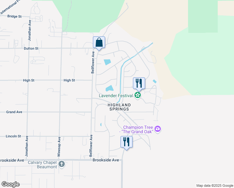 map of restaurants, bars, coffee shops, grocery stores, and more near 10596 Frontier Trail in Cherry Valley