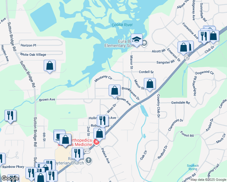 map of restaurants, bars, coffee shops, grocery stores, and more near 212 Brookhaven Drive in Gadsden