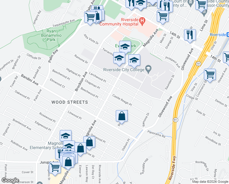 map of restaurants, bars, coffee shops, grocery stores, and more near 5062 Magnolia Avenue in Riverside