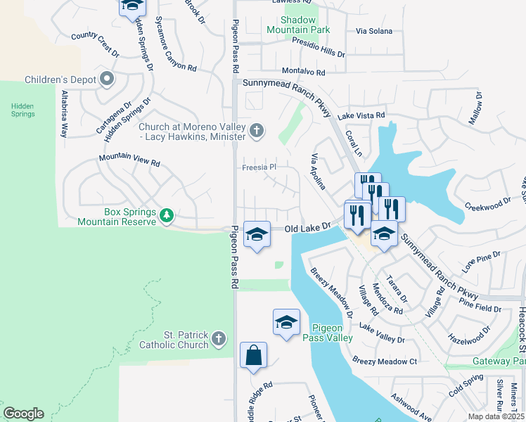 map of restaurants, bars, coffee shops, grocery stores, and more near 10449 Nighthawk Court in Moreno Valley