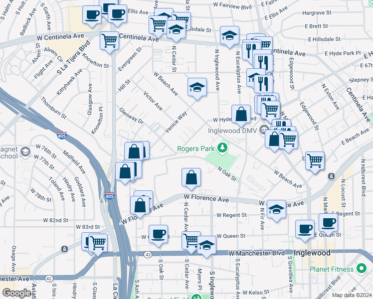 map of restaurants, bars, coffee shops, grocery stores, and more near 620 West Hyde Park Boulevard in Inglewood