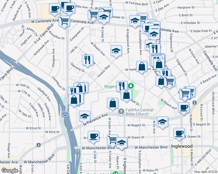map of restaurants, bars, coffee shops, grocery stores, and more near 620 West Hyde Park Boulevard in Inglewood