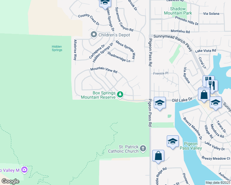 map of restaurants, bars, coffee shops, grocery stores, and more near 10456 Brookmead Drive in Moreno Valley