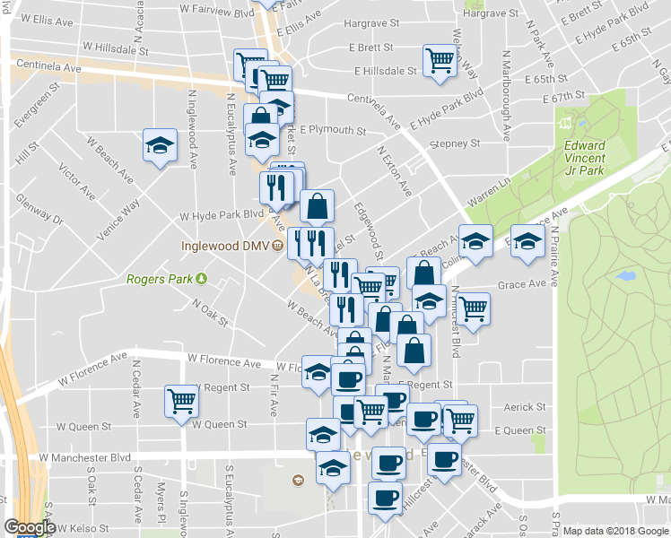 map of restaurants, bars, coffee shops, grocery stores, and more near 421 North Market Street in Inglewood