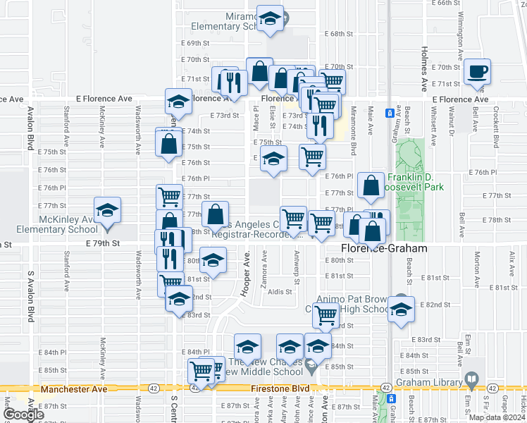 map of restaurants, bars, coffee shops, grocery stores, and more near 1331 East 77th Place in Los Angeles