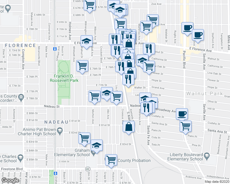 map of restaurants, bars, coffee shops, grocery stores, and more near 7729 Lou Dillon Avenue in Los Angeles