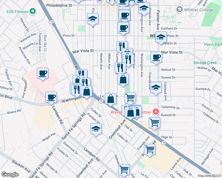 map of restaurants, bars, coffee shops, grocery stores, and more near 7932 Milton Avenue in Whittier