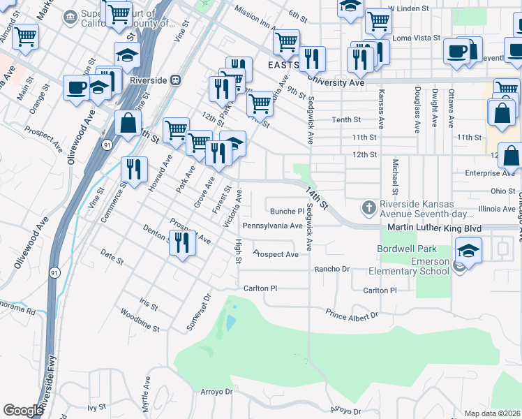 map of restaurants, bars, coffee shops, grocery stores, and more near 4471 Langston Place in Riverside