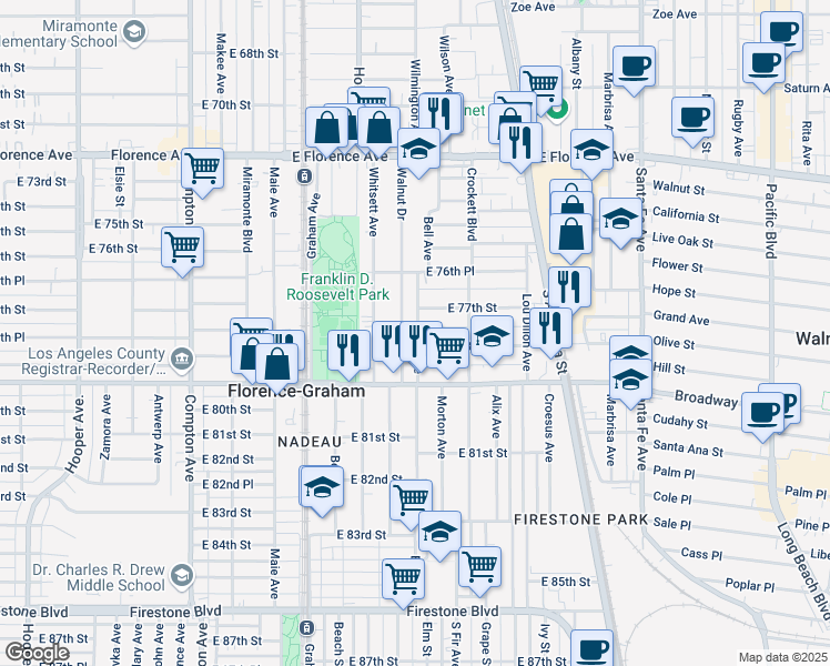 map of restaurants, bars, coffee shops, grocery stores, and more near 7729 Bell Avenue in Los Angeles