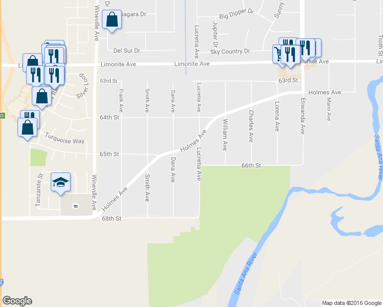 map of restaurants, bars, coffee shops, grocery stores, and more near 11432 Holmes Avenue in Jurupa Valley