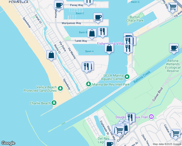 map of restaurants, bars, coffee shops, grocery stores, and more near 14010 Captains Row in Marina del Rey