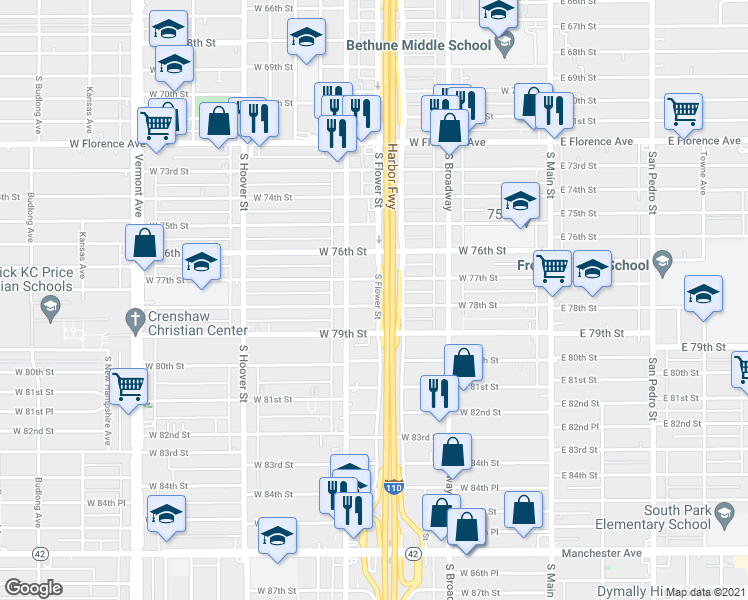 map of restaurants, bars, coffee shops, grocery stores, and more near 433 West 78th Street in Los Angeles