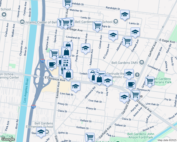 map of restaurants, bars, coffee shops, grocery stores, and more near 6933 Adamson Avenue in Bell Gardens