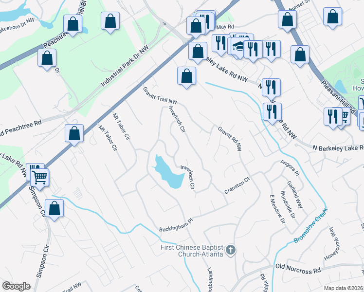 map of restaurants, bars, coffee shops, grocery stores, and more near 2911 Inverloch Circle in Duluth