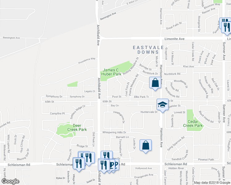 map of restaurants, bars, coffee shops, grocery stores, and more near 6544 Angels Camp Court in Corona