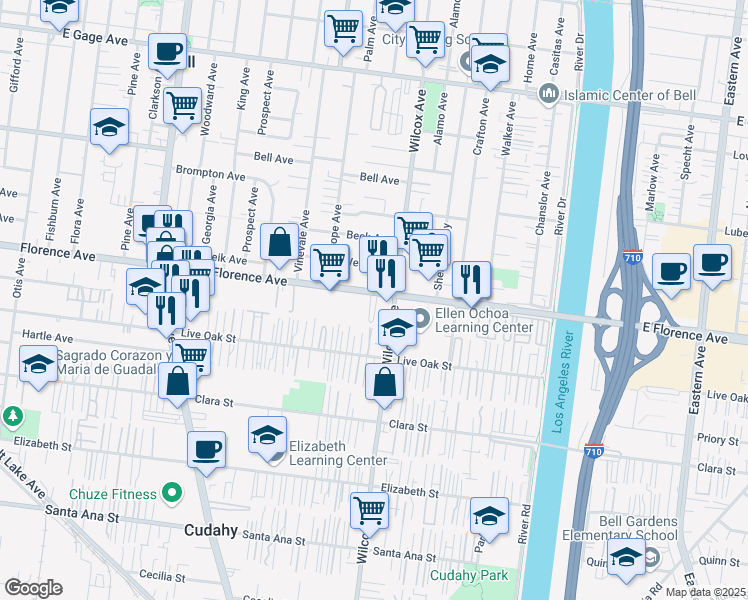map of restaurants, bars, coffee shops, grocery stores, and more near 4928 Florence Avenue in Bell