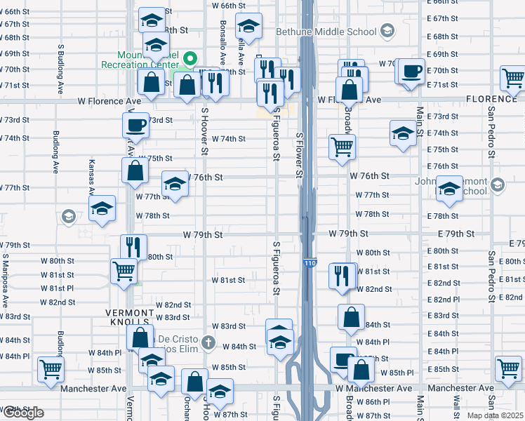 map of restaurants, bars, coffee shops, grocery stores, and more near 539 West 78th Street in Los Angeles