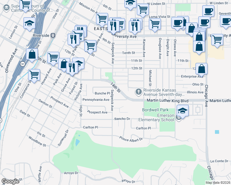 map of restaurants, bars, coffee shops, grocery stores, and more near 2379 Pennsylvania Avenue in Riverside