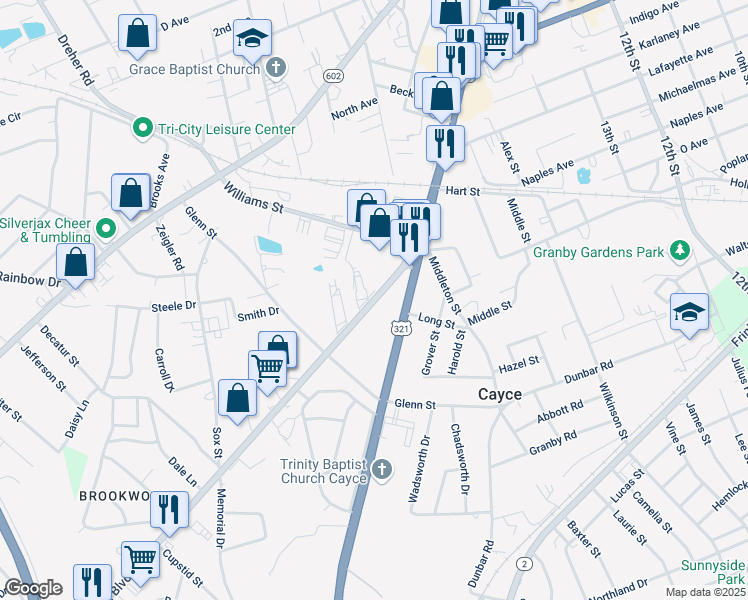 map of restaurants, bars, coffee shops, grocery stores, and more near 1638 Edmund Road in West Columbia