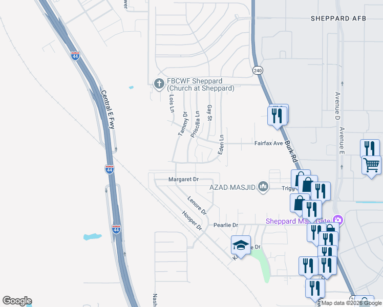 map of restaurants, bars, coffee shops, grocery stores, and more near 4607 Priscilla Ln in Wichita Falls