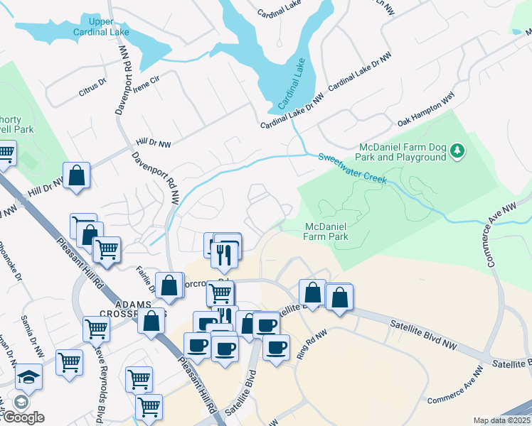 map of restaurants, bars, coffee shops, grocery stores, and more near 3355 McDaniel Road in Duluth