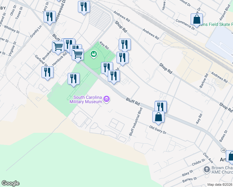 map of restaurants, bars, coffee shops, grocery stores, and more near 1225 Bluff Road in Columbia