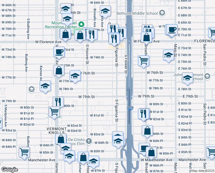 map of restaurants, bars, coffee shops, grocery stores, and more near 539 West 78th Street in Los Angeles