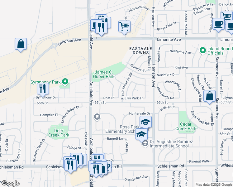 map of restaurants, bars, coffee shops, grocery stores, and more near 6543 Lost Fort Place in Corona