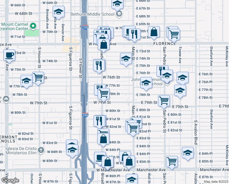 map of restaurants, bars, coffee shops, grocery stores, and more near 211 West 78th Street in Los Angeles