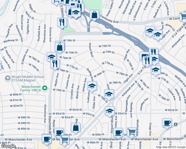 map of restaurants, bars, coffee shops, grocery stores, and more near 7752 Boeing Avenue in Los Angeles