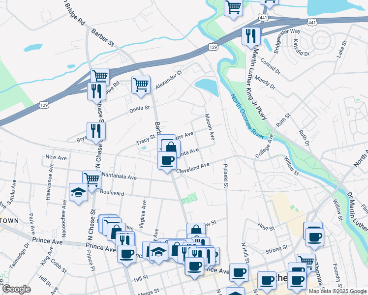 map of restaurants, bars, coffee shops, grocery stores, and more near 240 Savannah Avenue in Athens