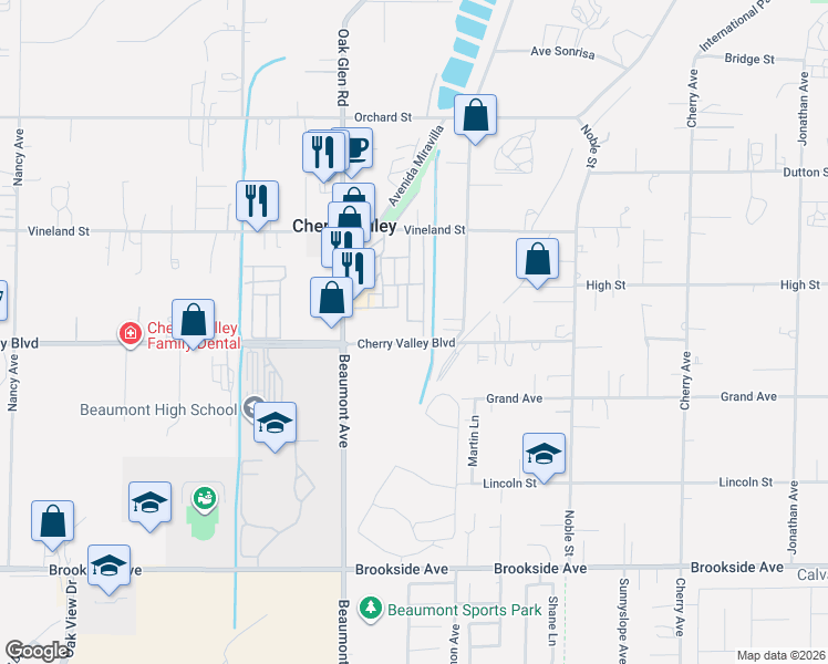 map of restaurants, bars, coffee shops, grocery stores, and more near 39412 Cherry Valley Boulevard in Cherry Valley