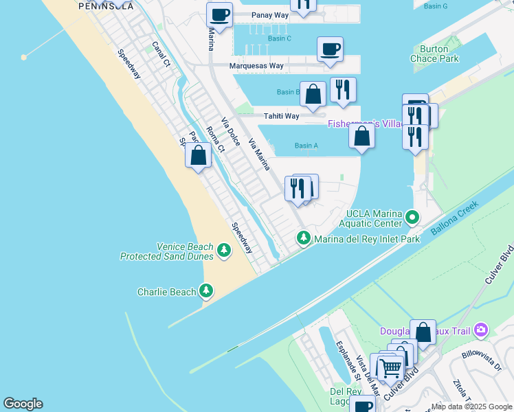 map of restaurants, bars, coffee shops, grocery stores, and more near 5105 Vía Donte in Los Angeles