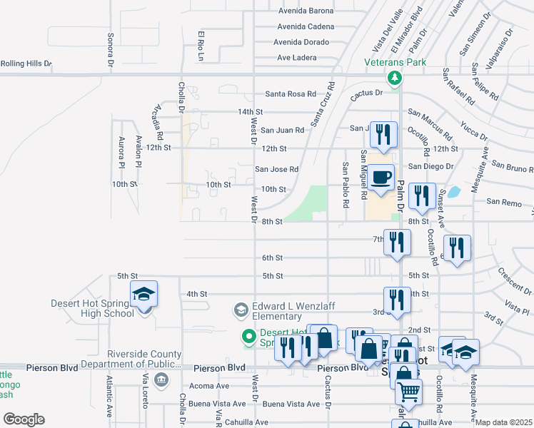 map of restaurants, bars, coffee shops, grocery stores, and more near 10970 Santa Cruz Road in Desert Hot Springs