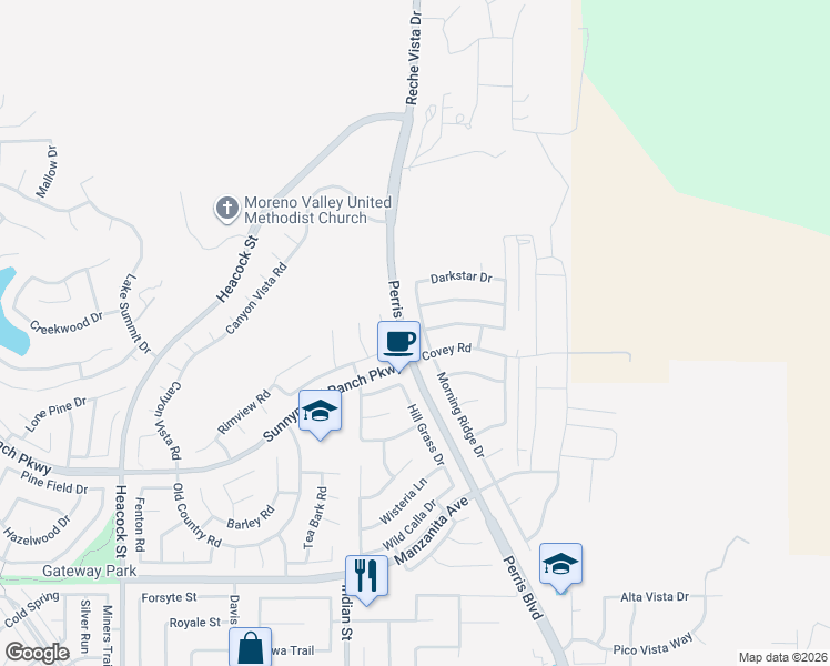 map of restaurants, bars, coffee shops, grocery stores, and more near 10451 Morning Ridge Drive in Moreno Valley