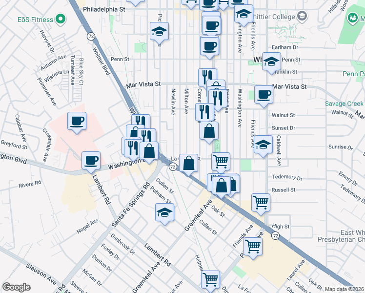 map of restaurants, bars, coffee shops, grocery stores, and more near 7932 Milton Avenue in Whittier