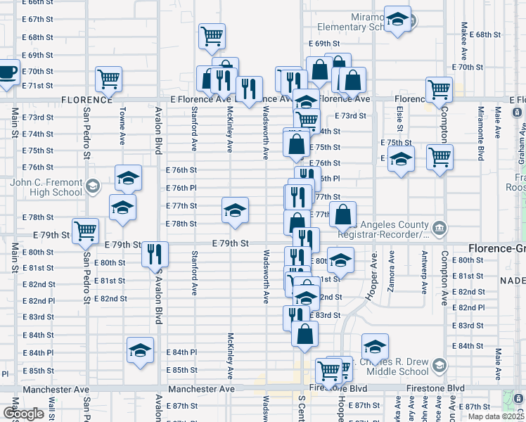 map of restaurants, bars, coffee shops, grocery stores, and more near 7710 Wadsworth Avenue in Los Angeles