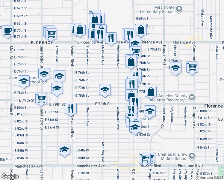 map of restaurants, bars, coffee shops, grocery stores, and more near 822 East 77th Street in Los Angeles