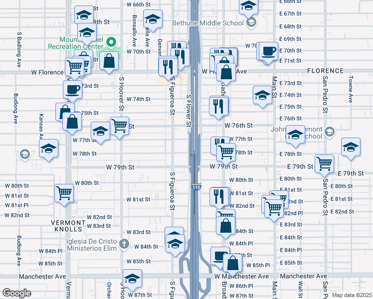 map of restaurants, bars, coffee shops, grocery stores, and more near 433 West 78th Street in Los Angeles